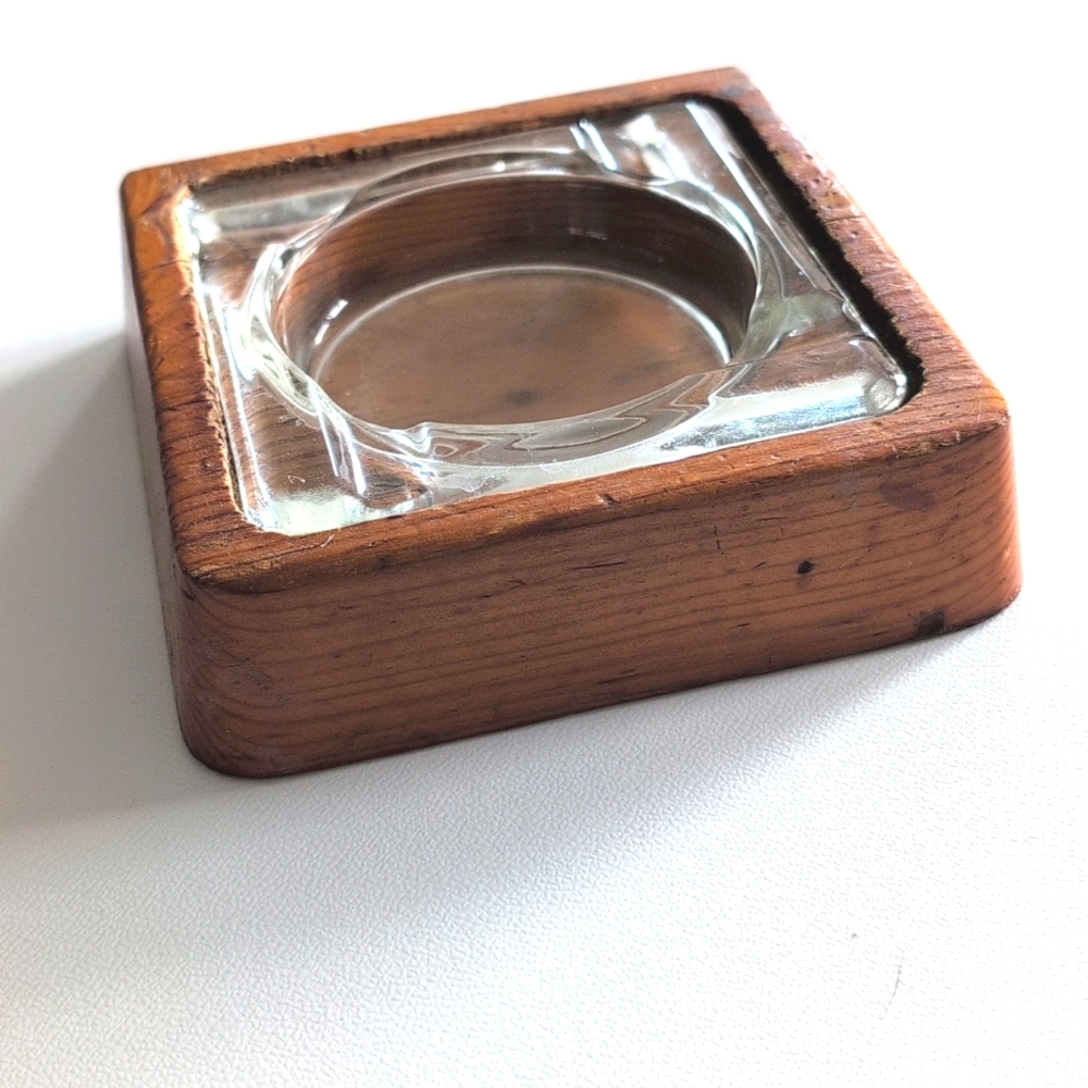 Vintage 2 Piece Ashtray. Wood Base With Glass Ashtray Insert. 5.5" X 5.5"